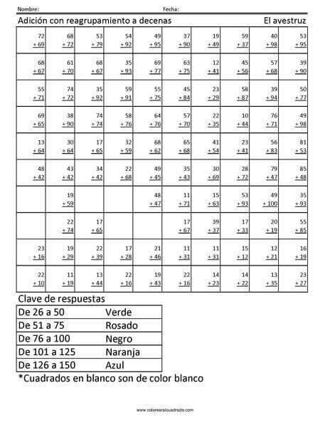 Adición con reagrupamiento a decenas- El avestruz