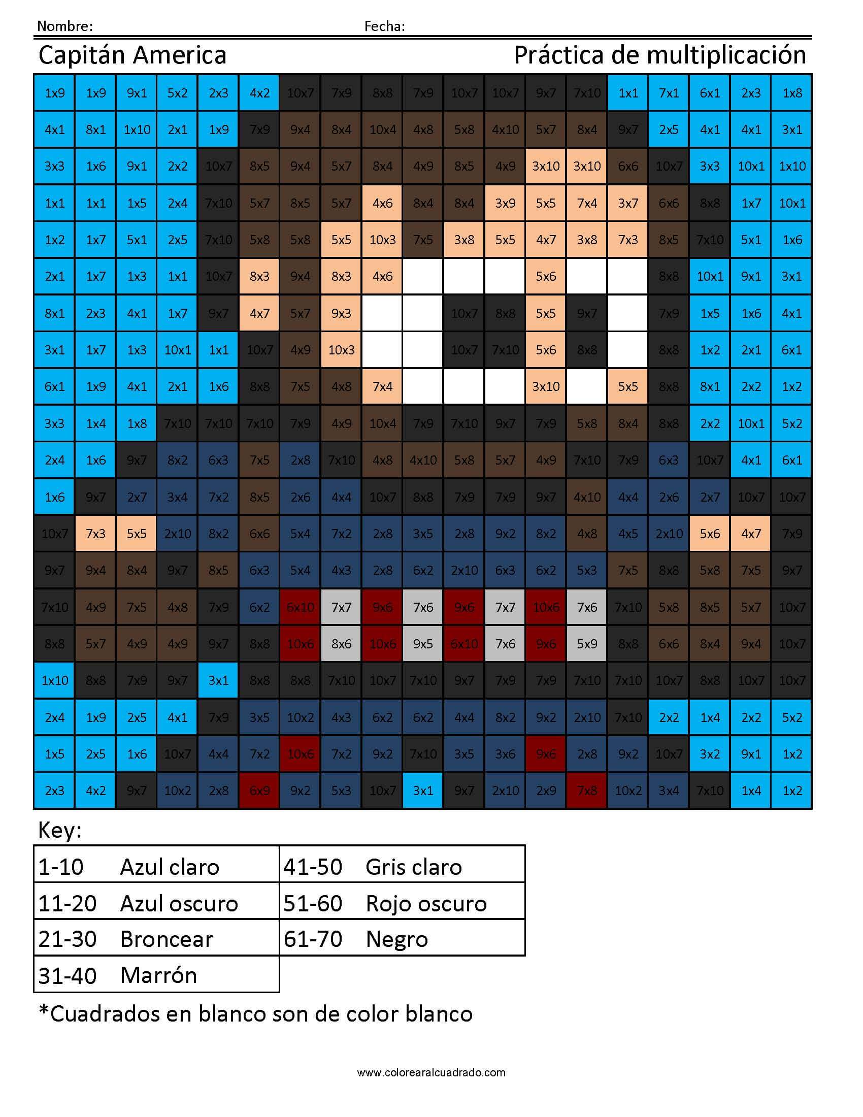Capitan America Multiplicación Para Colorear